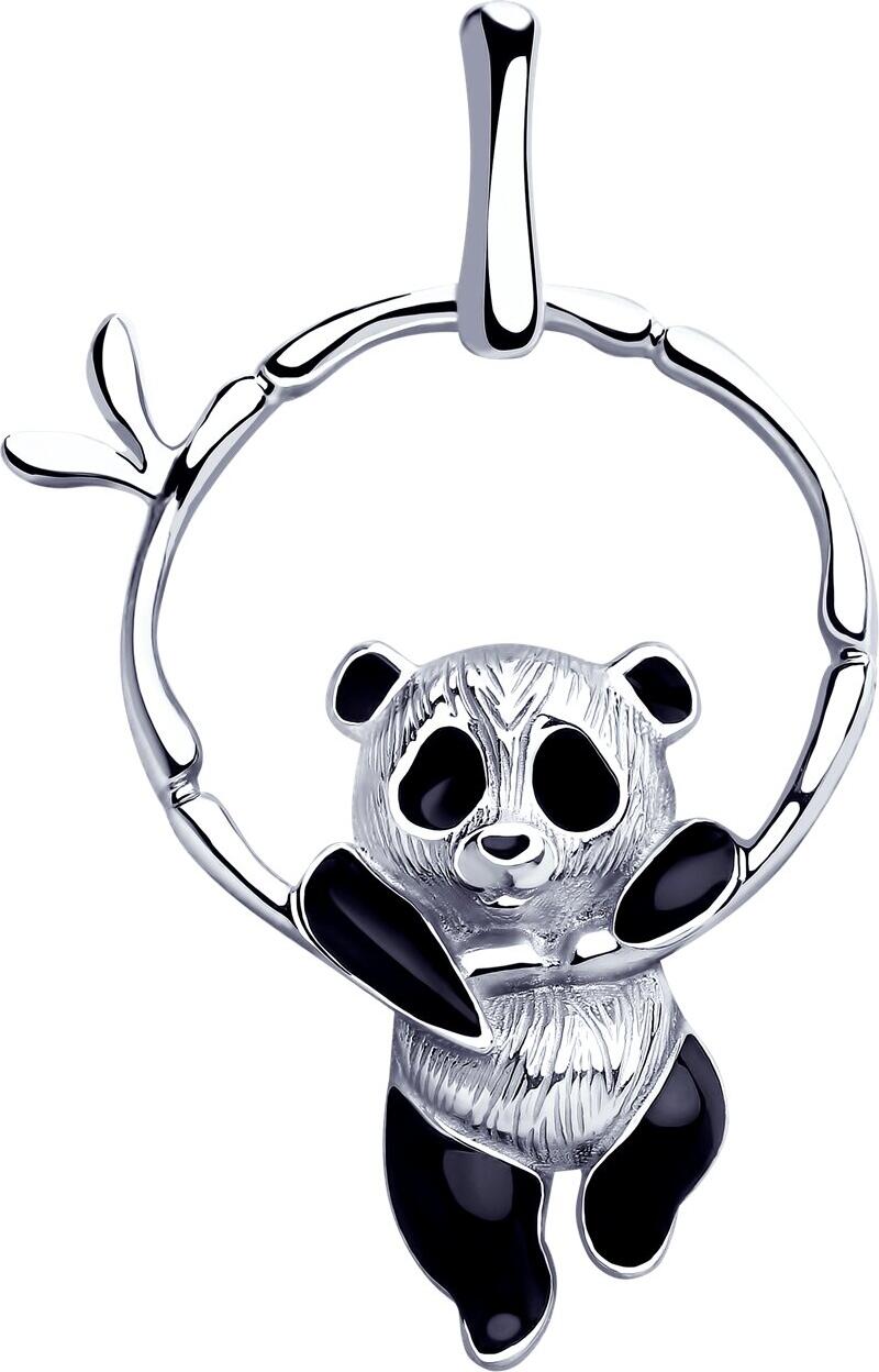 SOKOLOV Panda Pendant 94032323, 925 Sterling Silver Rhodium-Plated with Enamel, Panda on Bamboo Ring Design, 32x21x5 mm, Women's Jewelry
