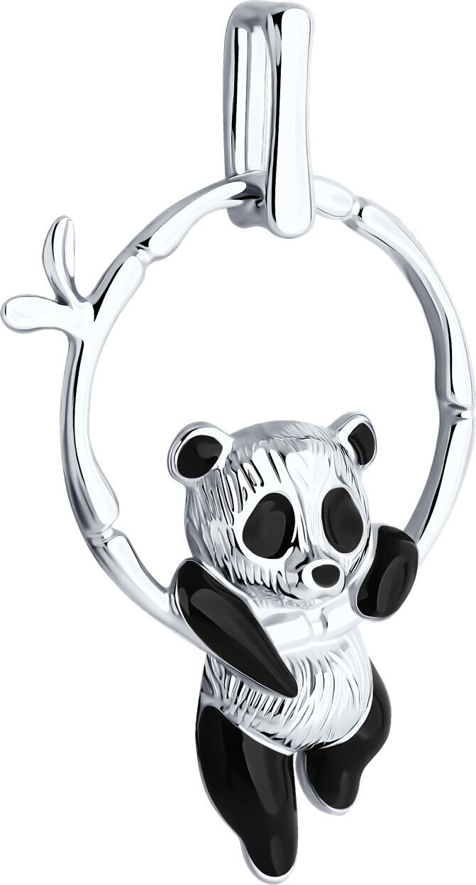 SOKOLOV Panda Pendant 94032323, 925 Sterling Silver Rhodium-Plated with Enamel, Panda on Bamboo Ring Design, 32x21x5 mm, Women's Jewelry