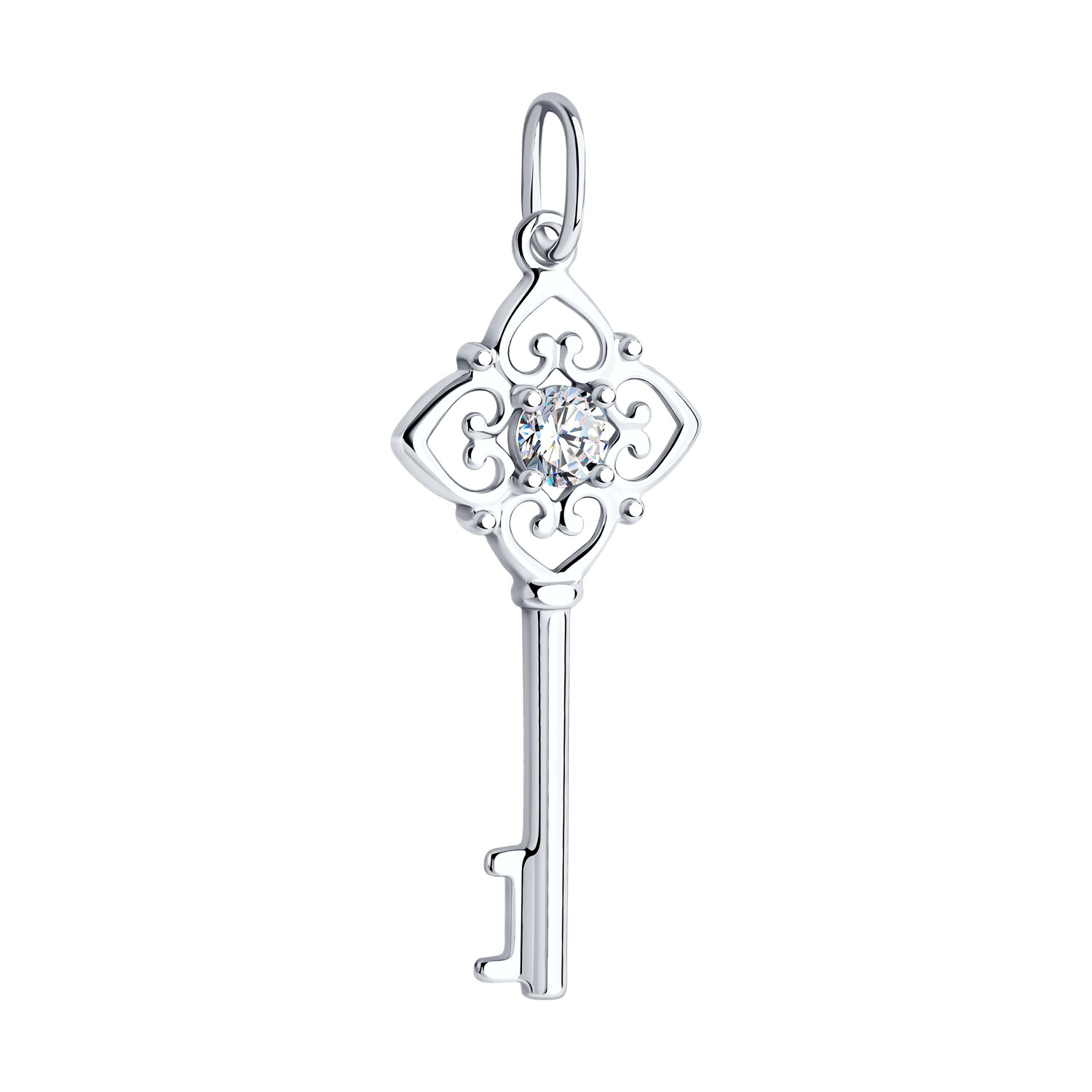 SOKOLOV 94031592 Pandantiv în formă de cheie pentru femei, Argint 925 placat cu rodiu, Zirconiu cubic colorless rotund 4 mm 0.451 ct, Colecția SKLV