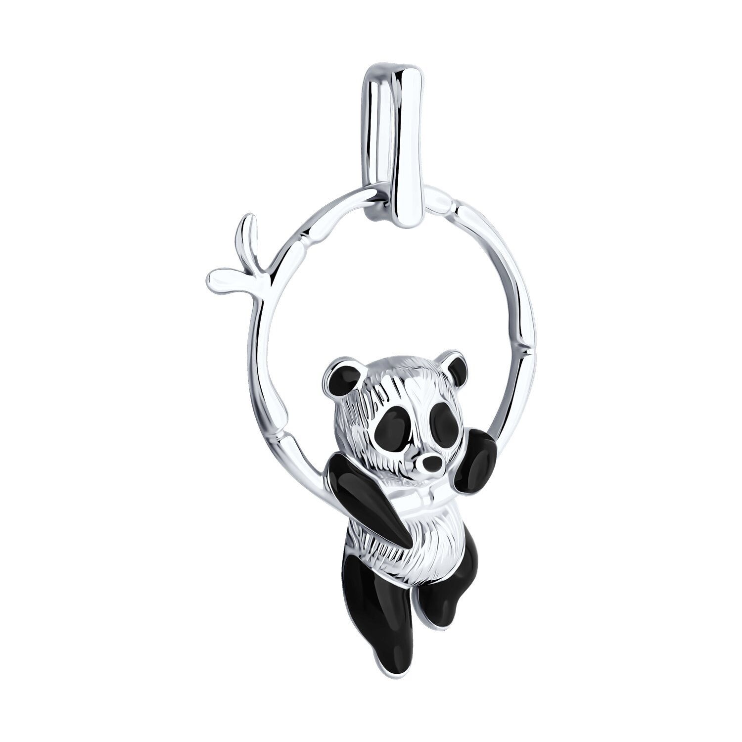 SOKOLOV Panda Pendant 94032323, 925 Sterling Silver Rhodium-Plated with Enamel, Panda on Bamboo Ring Design, 32x21x5 mm, Women's Jewelry