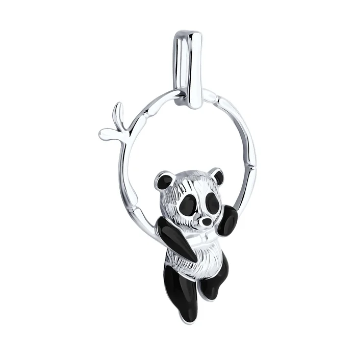 SOKOLOV Panda Pendant 94032323, 925 Sterling Silver Rhodium-Plated with Enamel, Panda on Bamboo Ring Design, 32x21x5 mm, Women's Jewelry