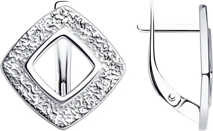 Diamant Silver Earrings 94-120-01578-1 for Women, Open Square Diamond Frame Textured Design, English Lock Lever Back, 18x17x2 mm, 3.67g