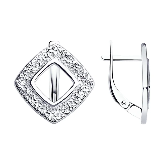 Diamant Silver Earrings 94-120-01578-1 for Women, Open Square Diamond Frame Textured Design, English Lock Lever Back, 18x17x2 mm, 3.67g
