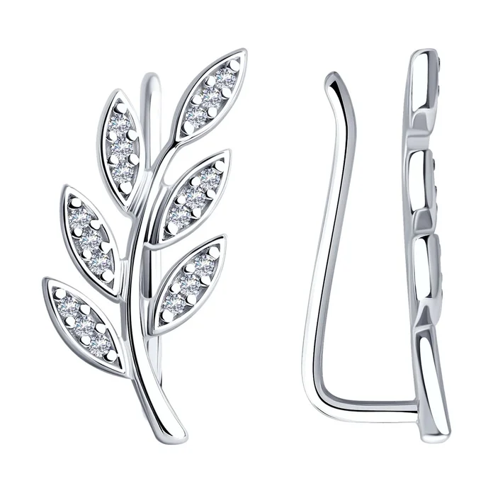 Diamant Women's Silver Earrings with Cubic Zirconia, Leaf-Shaped Branch Design, 20x9x1 mm, 2.12g, Model 94-120-01046-1