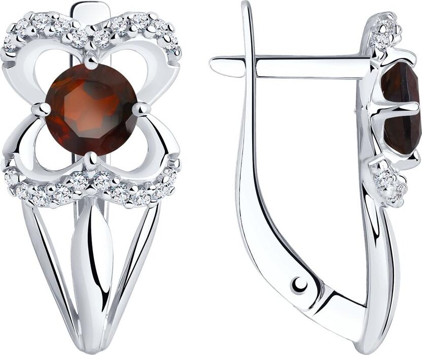 Diamant 94-320-00381-2 Women's Silver Earrings with Garnet and Cubic Zirconia, Floral Motif Design, English Lock Closure, 19x10x6 mm, 3.03g