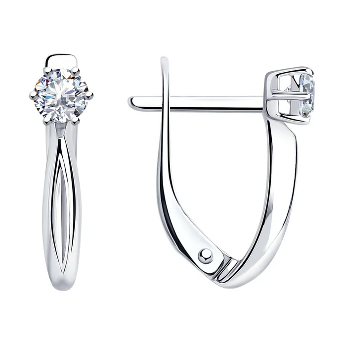 Серебряные серьги Diamant для женщин с круглым бесцветным фианитом 3.5мм, застежка английский замок, SKU 94-120-01376-1, 1.88г, 16x4x3мм