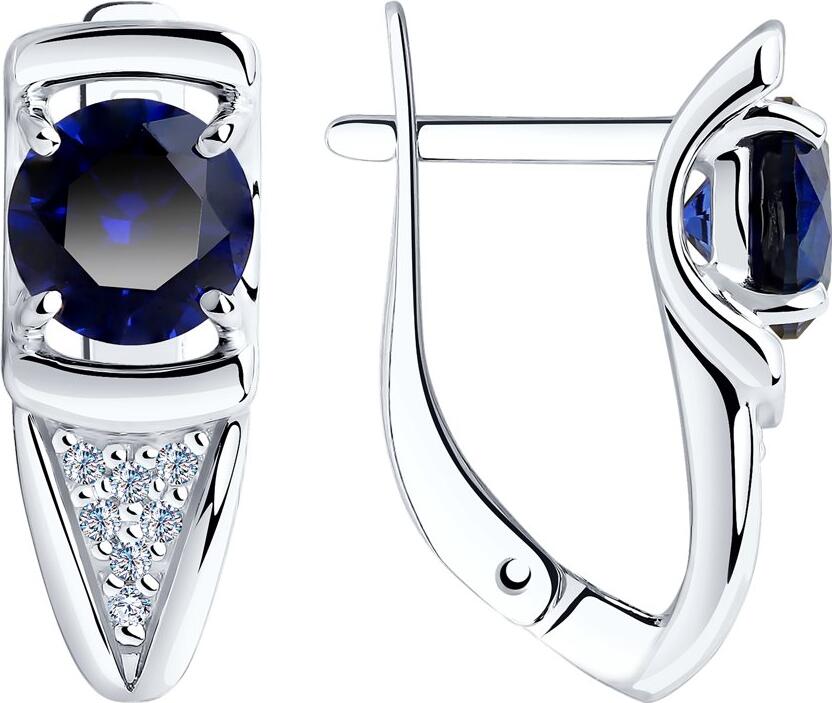Sokolov 94-320-00360-1 Women's Silver Earrings with Synthetic Blue Sapphire Corundum 6mm and Cubic Zirconia Triangular Cluster, 3.18g