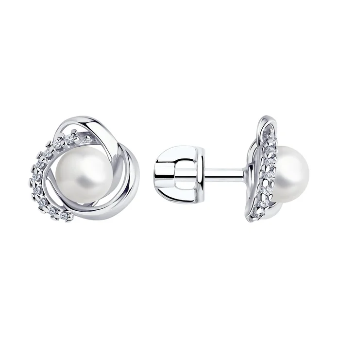 Diamant 94-122-01158-1 Women's Silver 925 Earrings with 5mm Synthetic Pearls and Colorless Cubic Zirconia, Screw Clasp, White, Casual Style