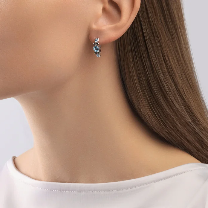SOKOLOV 725352-3 Women's White Gold 585 Earrings with Blue London Topaz, Rhodium Coated, English Clasp, 0.346 ct, 2.49 g