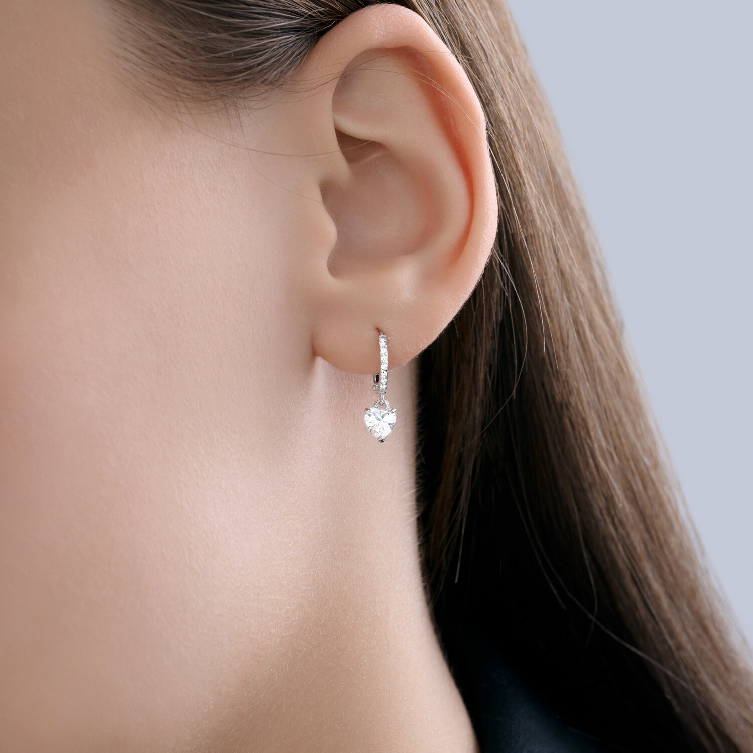 SOKOLOV 0200680-3 Women's White Gold 585 Hoop Earrings with Heart-Shaped Colorless Cubic Zirconia Pendants, 5mm Stone, 1.33g