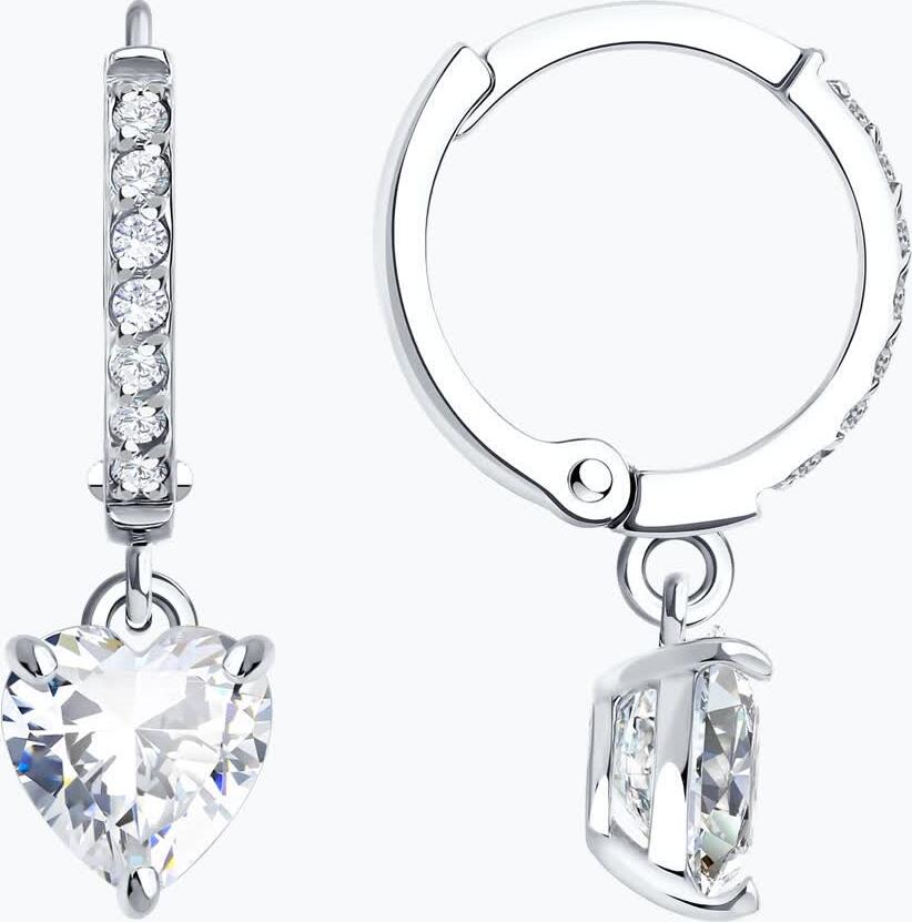 SOKOLOV 0200680-3 Women's White Gold 585 Hoop Earrings with Heart-Shaped Colorless Cubic Zirconia Pendants, 5mm Stone, 1.33g