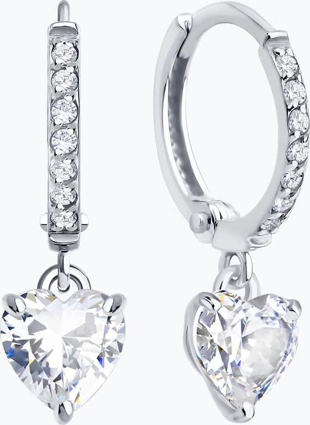 SOKOLOV 0200680-3 Women's White Gold 585 Hoop Earrings with Heart-Shaped Colorless Cubic Zirconia Pendants, 5mm Stone, 1.33g