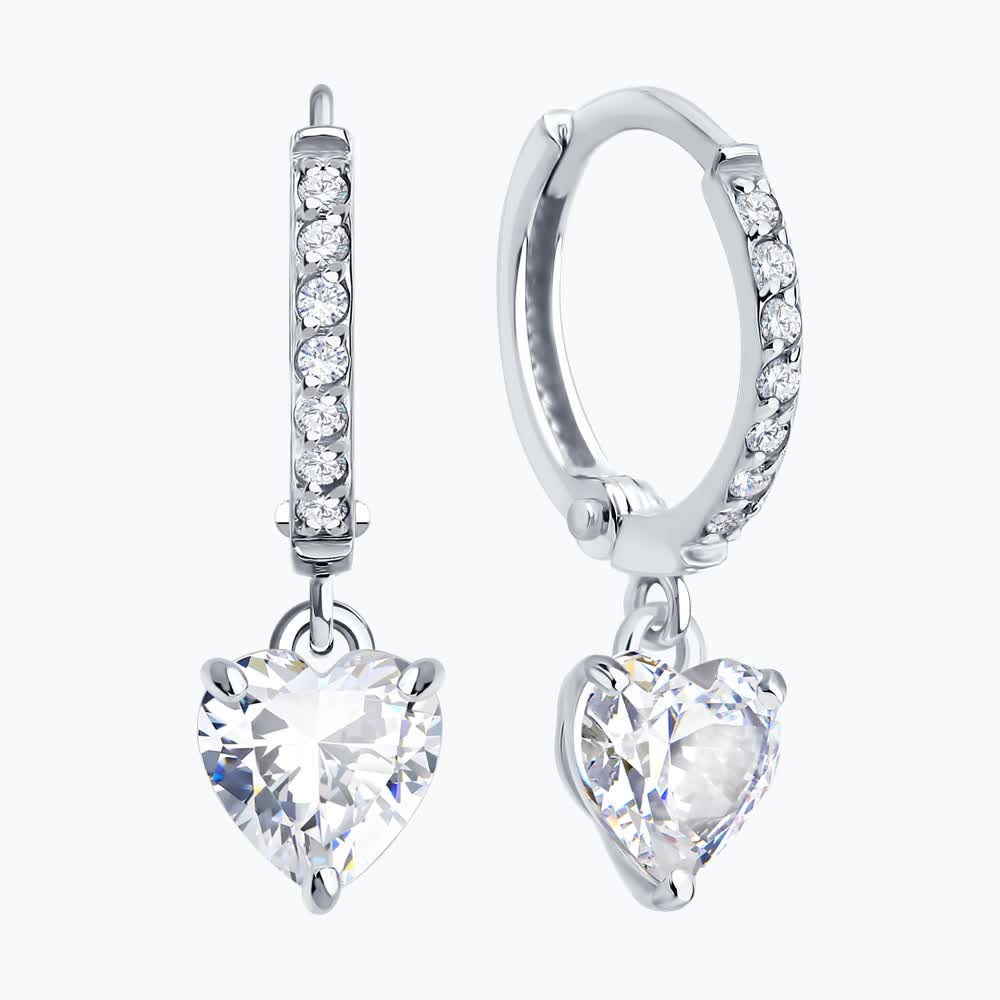 SOKOLOV 0200680-3 Women's White Gold 585 Hoop Earrings with Heart-Shaped Colorless Cubic Zirconia Pendants, 5mm Stone, 1.33g