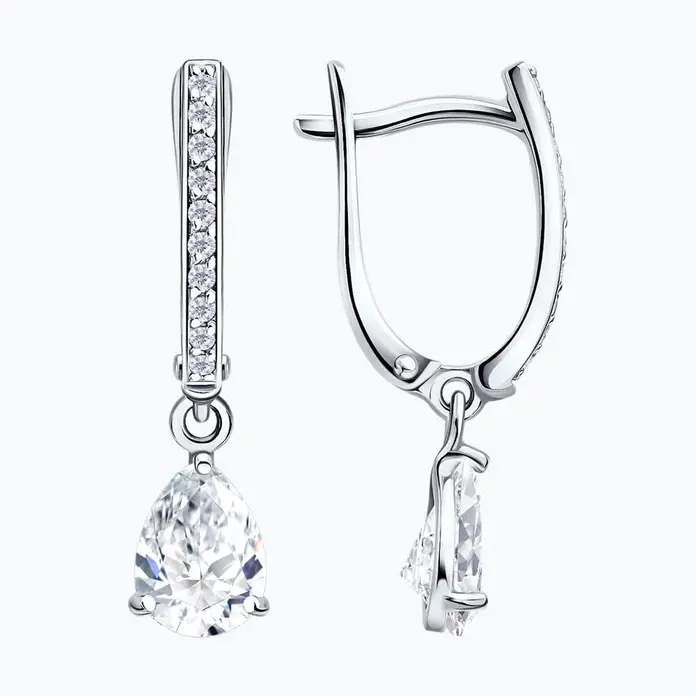 SOKOLOV 0201080-3 Cercei pentru femei din Aur Alb 585 cu Cubic Zirconia incolore formă de pară și rotundă, 0.19 ct, Închidere Englezească, 23x6x3 mm