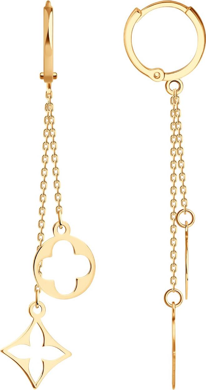 SOKOLOV 0200592 Cercei lungi pentru femei din aur roșu 585, design cu lanț și pandantive decorative circulare și în formă de stea, închidere tip șurei, 47mm, 1.2g