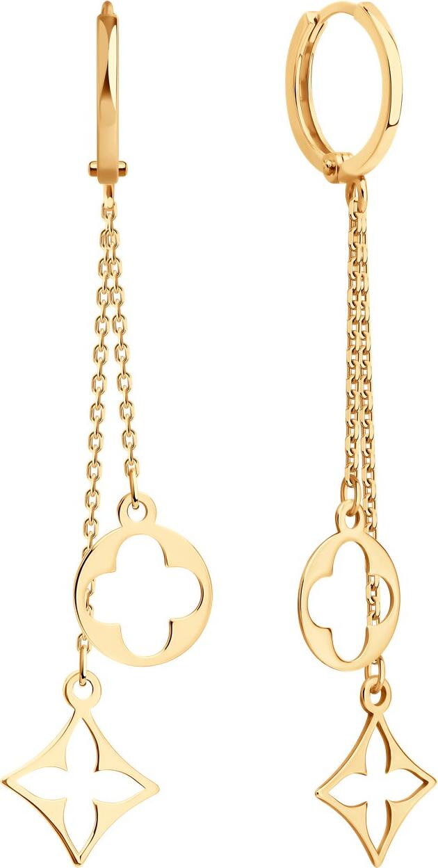 SOKOLOV 0200592 Cercei lungi pentru femei din aur roșu 585, design cu lanț și pandantive decorative circulare și în formă de stea, închidere tip șurei, 47mm, 1.2g