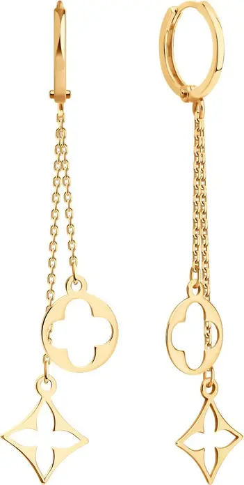 SOKOLOV 0200592 Cercei lungi pentru femei din aur roșu 585, design cu lanț și pandantive decorative circulare și în formă de stea, închidere tip șurei, 47mm, 1.2g