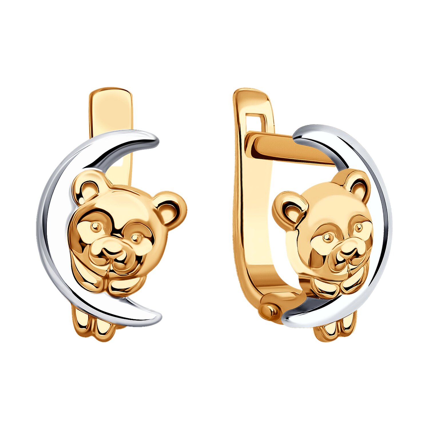 Diamant Cercei pentru copii 51-120-02022-1, Aur Roșu 585, Design Urs cu Lună în Creștere, Închidere Englezească, Placare Rodiu, 12x7x2 mm
