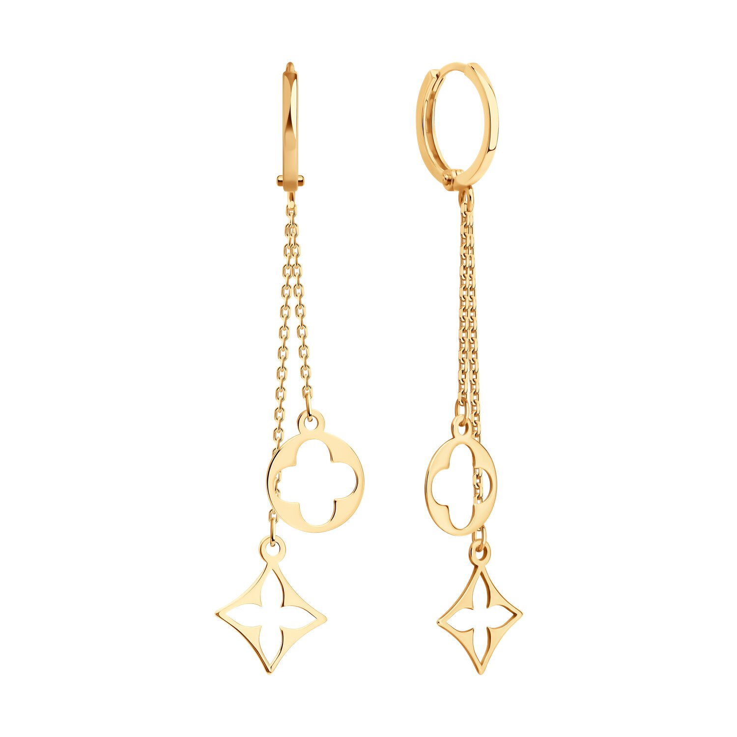 SOKOLOV 0200592 Cercei lungi pentru femei din aur roșu 585, design cu lanț și pandantive decorative circulare și în formă de stea, închidere tip șurei, 47mm, 1.2g