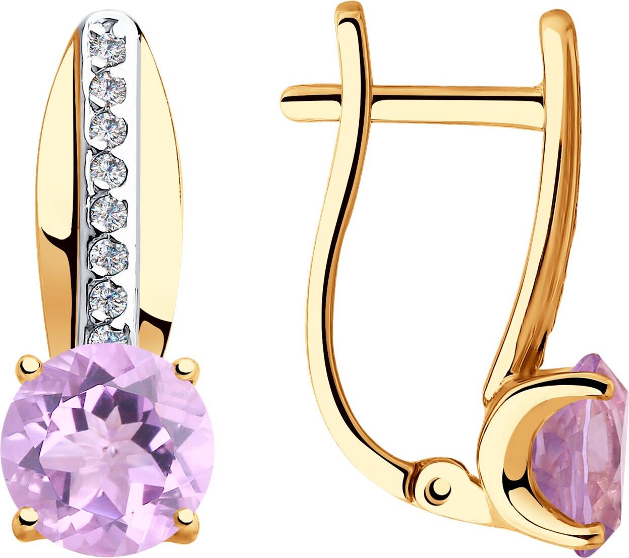 Серьги Diamant для женщин 31-320-00257-3, красное золото 375 с родиевым покрытием, круглый аметист 6 мм и фианиты, английский замок, 2.28 г