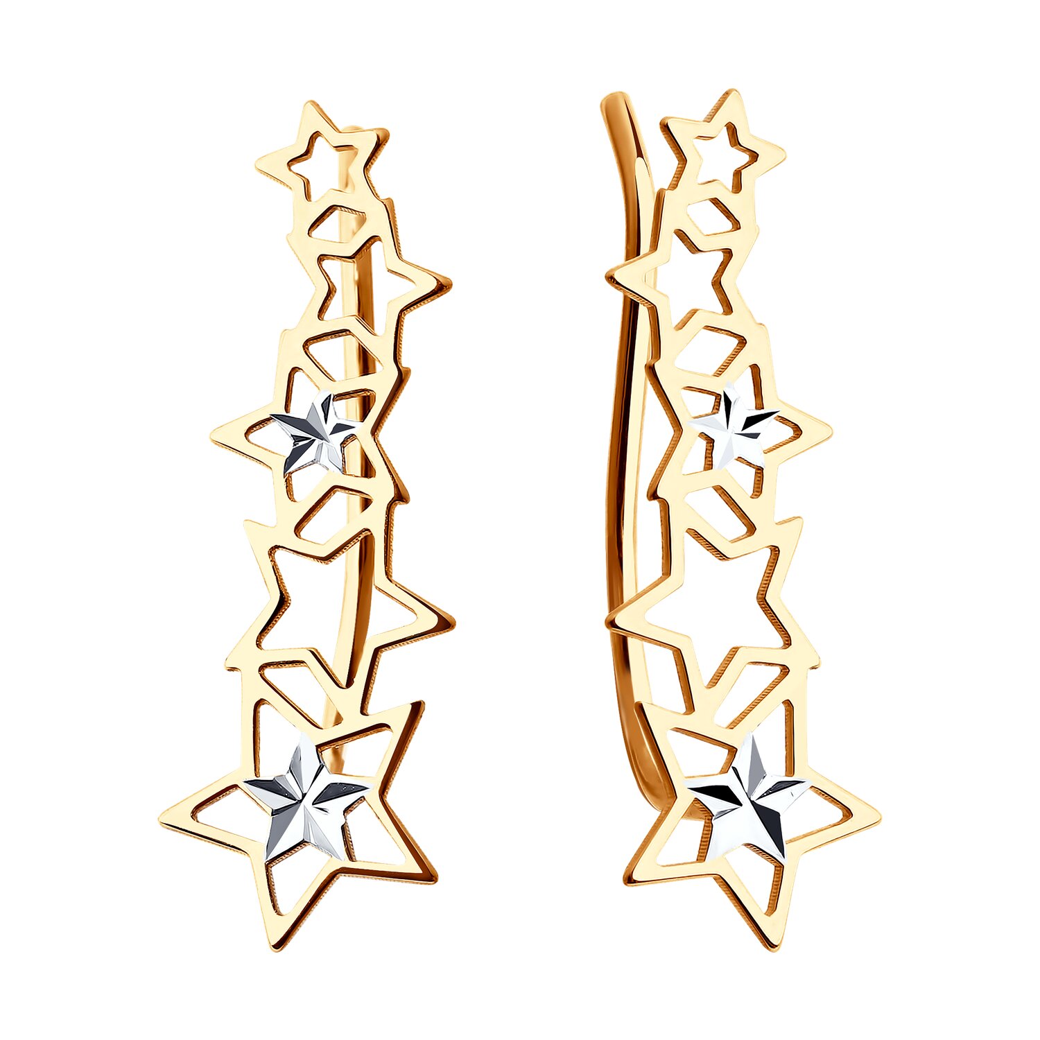 SOKOLOV 026580 Women's Red Gold 585 Earrings, Star-Shaped Ear Climber Design, Diamond Cut Finish with Rhodium Plating, Clip Clasp