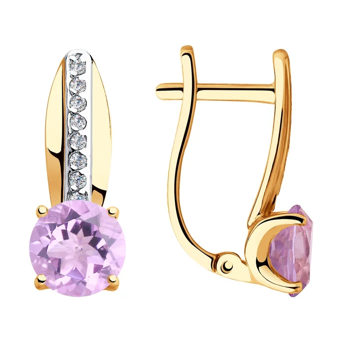 Серьги Diamant для женщин 31-320-00257-3, красное золото 375 с родиевым покрытием, круглый аметист 6 мм и фианиты, английский замок, 2.28 г
