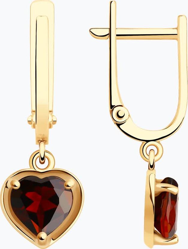 Серьги Diamant 51-321-01323-1 из красного золота 585 с гранатами в форме сердца, 1.92 карата, красные, английский замок, 2.14 г