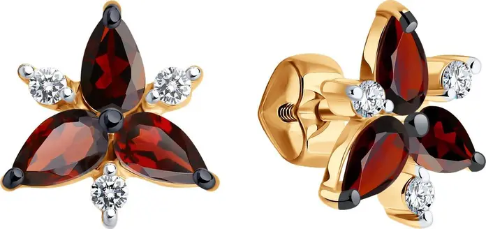 Cercei Puset Diamant 51-322-02329-3 pentru femei, Aur Roșu 585, Garnet și Zirconiu Cubic, Placare Rodiu, 1.81g