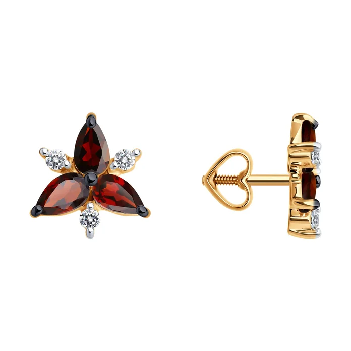 Cercei Puset Diamant 51-322-02329-3 pentru femei, Aur Roșu 585, Garnet și Zirconiu Cubic, Placare Rodiu, 1.81g
