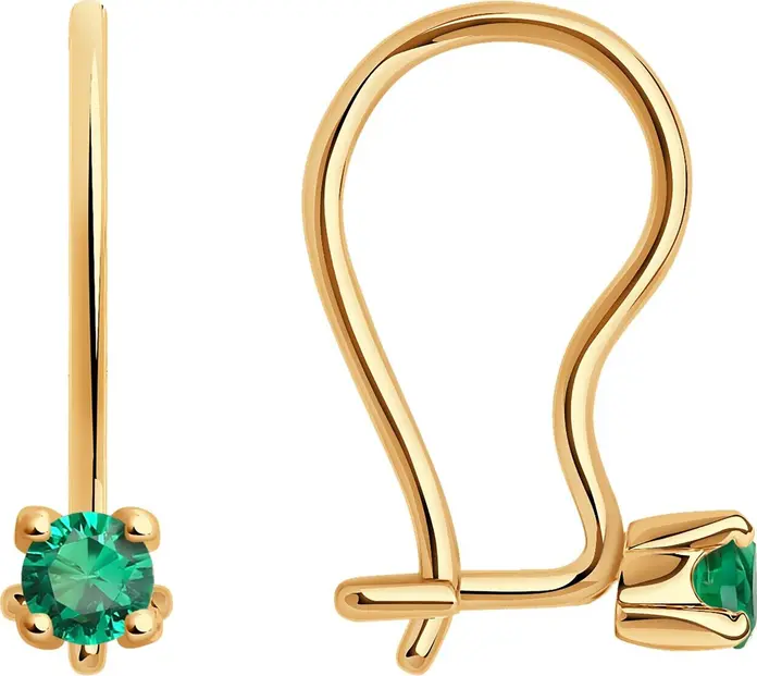 SOKOLOV 021939 Children's Earrings, 585 Red Gold, Round Green Cubic Zirconia 3mm, French Clasp, 1.04g