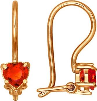 Children's Red Gold 585 Earrings with Heart-shaped Red Fianite Inserts, French Clasp, 1.2g, Article 021934