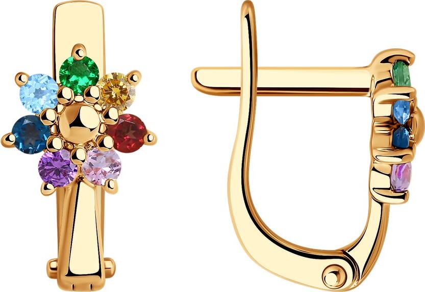 SOKOLOV 727387 Children's Earrings, 585 Red Gold with Rhodium Coating, Multi-Colored Gemstones Amethyst Rhodolite Topaz Citrine Cubic Zirconia, English Clasp, 1.26g