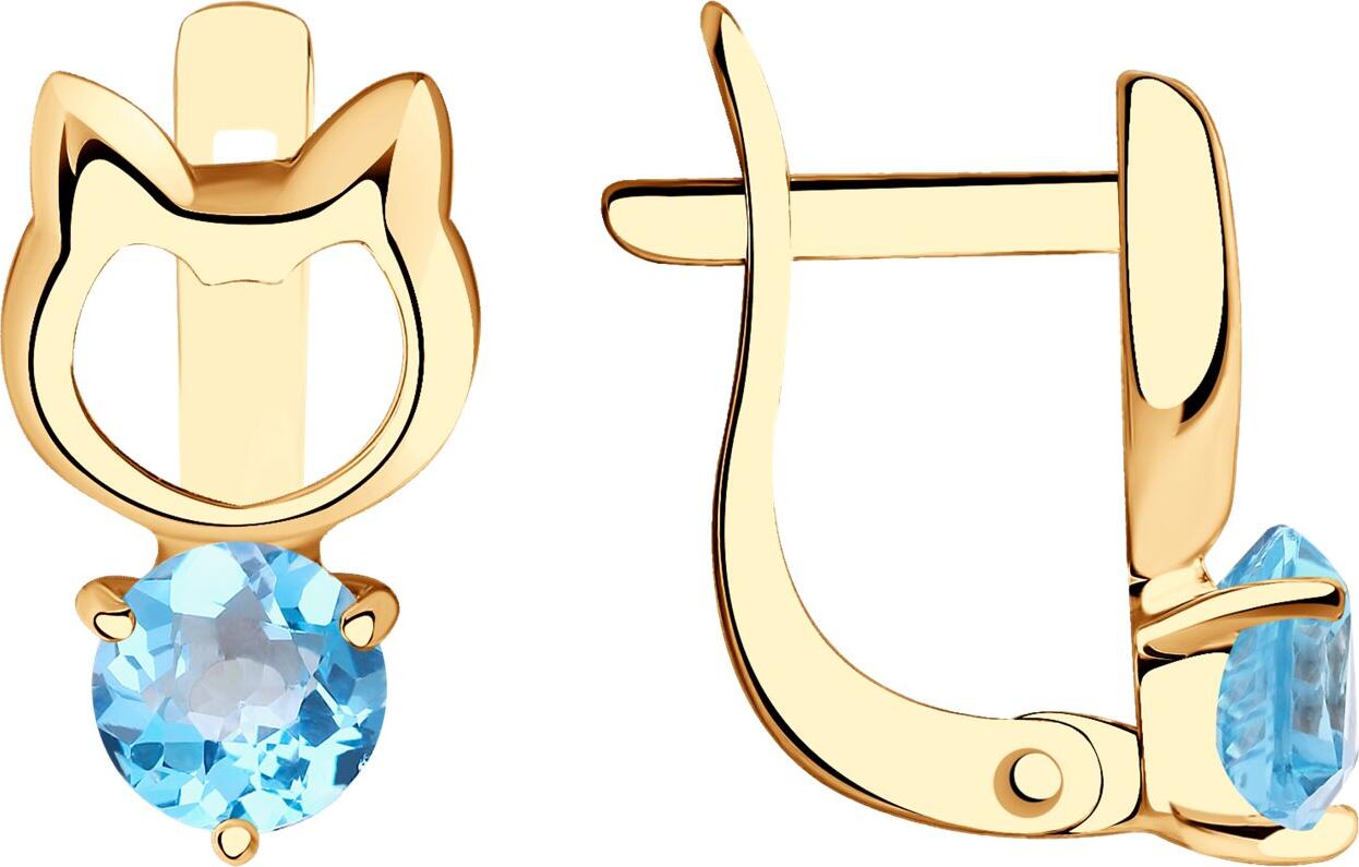 Cercei pentru copii SOKOLOV 726948, Aur Roșu 585, Topaz Albastru Rotund 4mm, Design Siluetă Cap de Pisică, Închidere Englezească