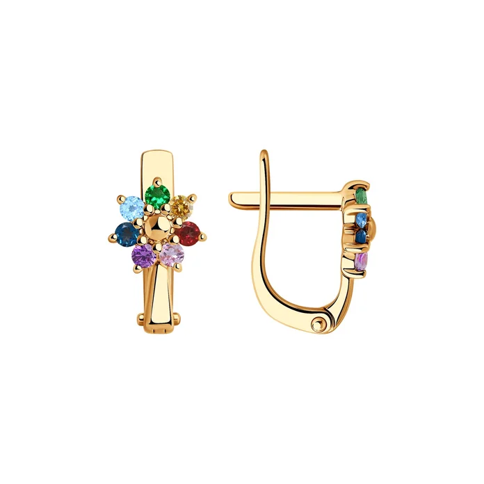 SOKOLOV 727387 Children's Earrings, 585 Red Gold with Rhodium Coating, Multi-Colored Gemstones Amethyst Rhodolite Topaz Citrine Cubic Zirconia, English Clasp, 1.26g