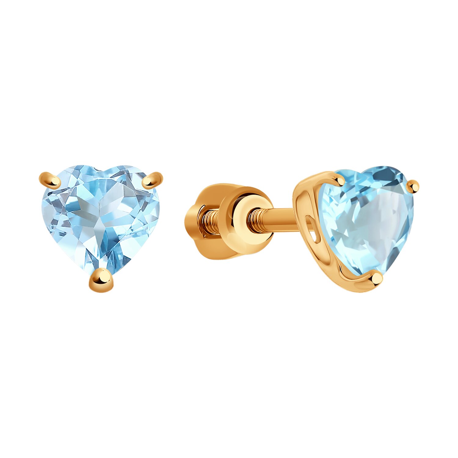 SOKOLOV Women's Red Gold 585 Earrings 728129 with Blue Heart-Shaped Topaz 6x6mm, Stud Clasp, 1.867 ct