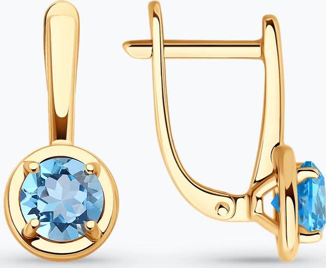SOKOLOV 728849 Women's Earrings, 585 Red Gold, Round Blue Topaz 5mm, English Lock Clasp
