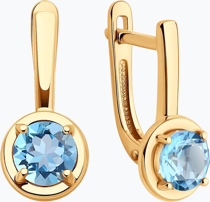 SOKOLOV 728849 Women's Earrings, 585 Red Gold, Round Blue Topaz 5mm, English Lock Clasp