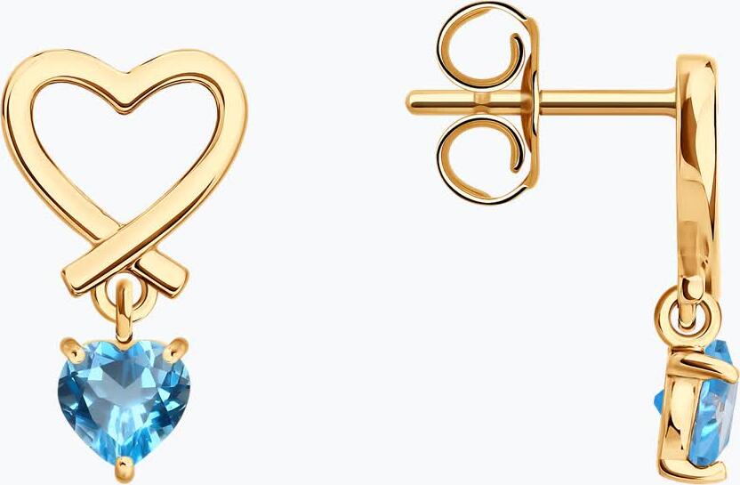 SOKOLOV 37729311 Women's Heart-Shaped Blue Topaz Stud Earrings, 375 Red Gold, 4x4mm Gemstones, 1.34g