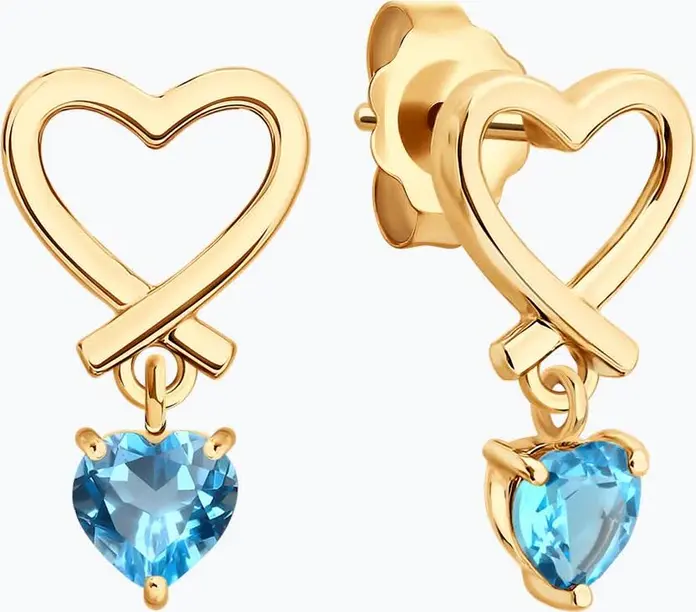 SOKOLOV 37729311 Women's Heart-Shaped Blue Topaz Stud Earrings, 375 Red Gold, 4x4mm Gemstones, 1.34g