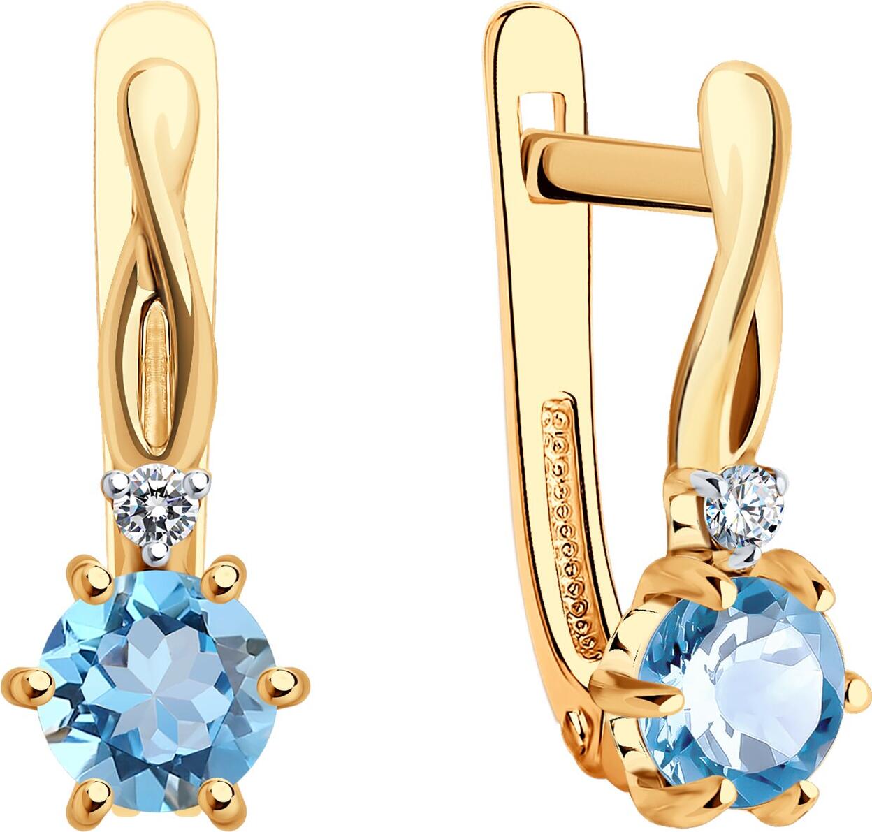 Cercei SOKOLOV 728605 pentru femei, Aur Roșu 585, Topaz Albastru și Zirconiu Cubic, Tăietură Rotundă, Închizătoare Englezească, Placare Rodiu, Stil Clasic, 1.65g