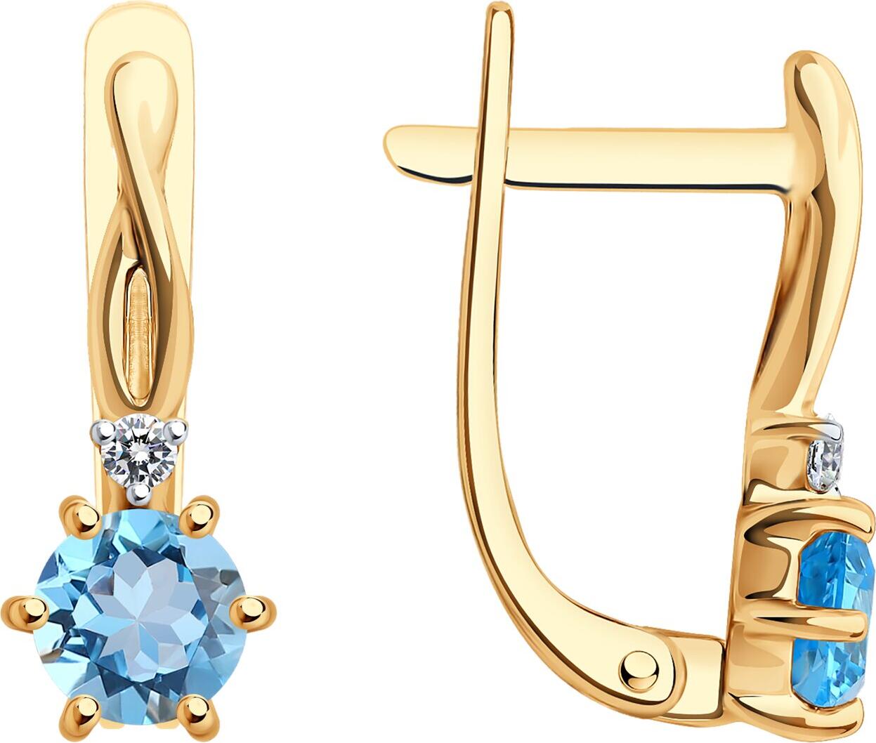 Cercei SOKOLOV 728605 pentru femei, Aur Roșu 585, Topaz Albastru și Zirconiu Cubic, Tăietură Rotundă, Închizătoare Englezească, Placare Rodiu, Stil Clasic, 1.65g