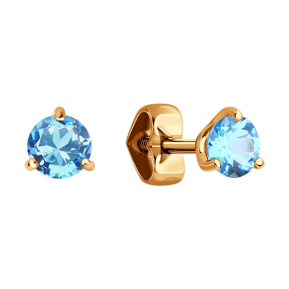 Cercei Diamant 51-322-01944-2 pentru femei, Aur Roșu 585, Topaz Albastru Rotund 4mm, 0.617 ct, Închegat Stud (Pusset)
