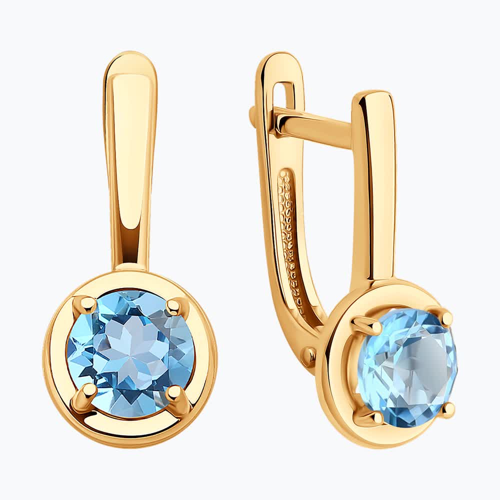 SOKOLOV 728849 Women's Earrings, 585 Red Gold, Round Blue Topaz 5mm, English Lock Clasp