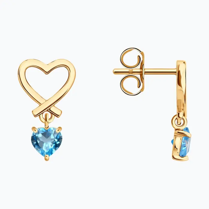 SOKOLOV 37729311 Women's Heart-Shaped Blue Topaz Stud Earrings, 375 Red Gold, 4x4mm Gemstones, 1.34g