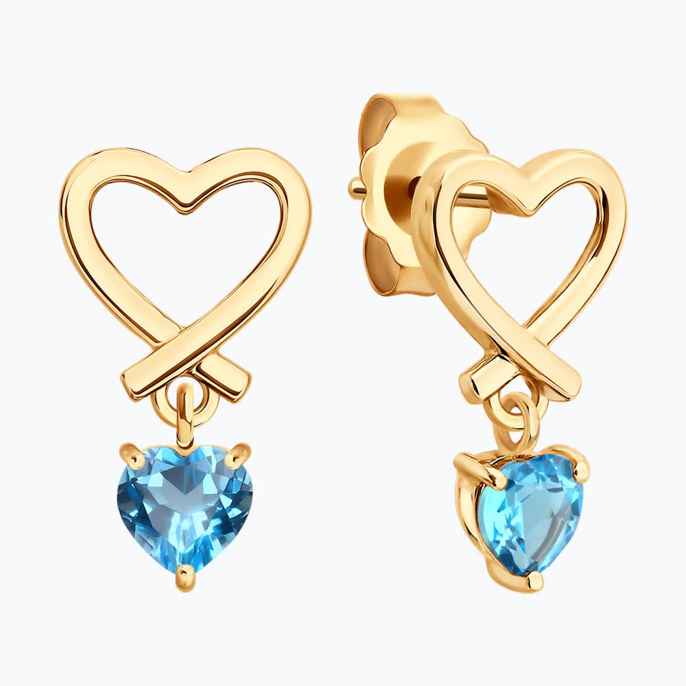 SOKOLOV 37729311 Women's Heart-Shaped Blue Topaz Stud Earrings, 375 Red Gold, 4x4mm Gemstones, 1.34g