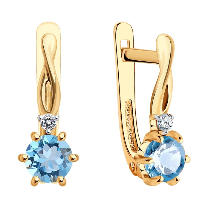 Cercei SOKOLOV 728605 pentru femei, Aur Roșu 585, Topaz Albastru și Zirconiu Cubic, Tăietură Rotundă, Închizătoare Englezească, Placare Rodiu, Stil Clasic, 1.65g