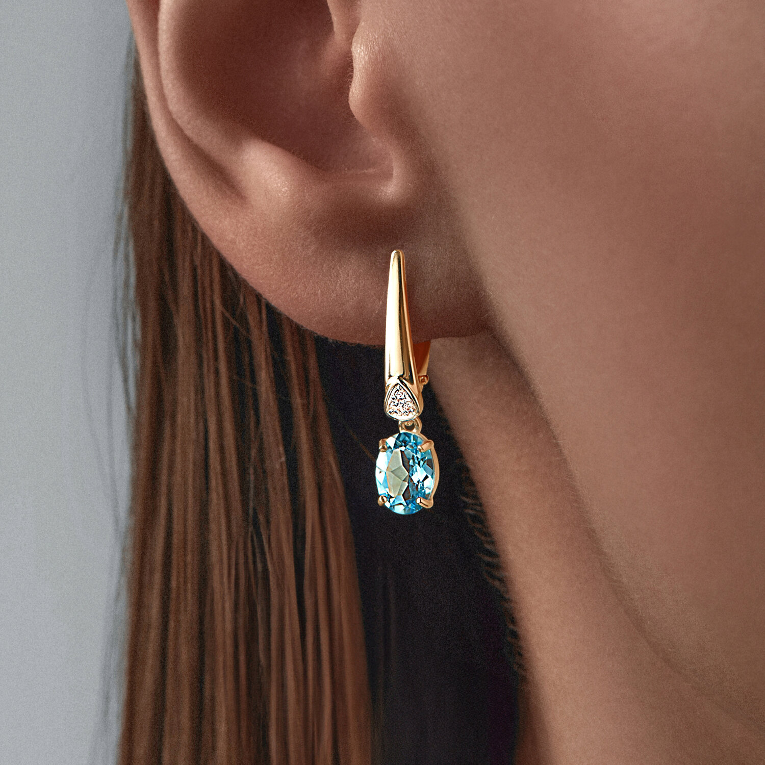 Cercei Diamant 31-321-00216-1 pentru femei, Aur Roșu 375, Topaz Swiss Blue Oval 8x6mm, Zirconiu Cubic, Platinat cu Rodiu, Închidere Englezească