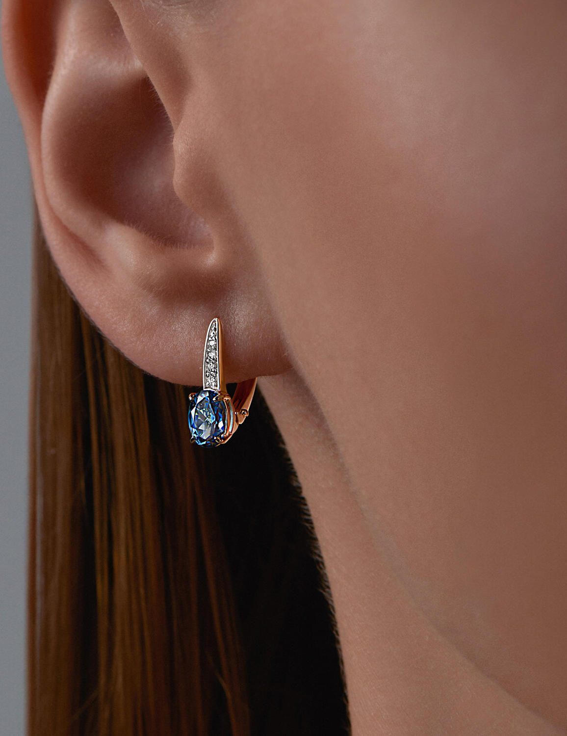 Diamant 51-320-01933-6 Women's Red Gold 585 Earrings with Oval London Topaz and Cubic Zirconia, Rhodium Plated, English Lock, 2.29g
