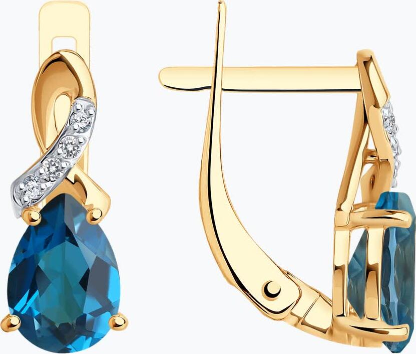 Cercei SOKOLOV pentru femei din aur roșu 375 cu topaz albastru și zirconiu, închidere englezească, lungime 17mm, SKU 37728098