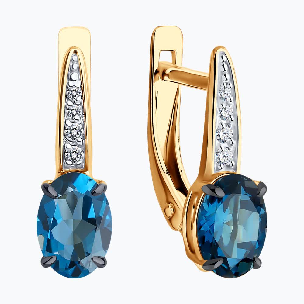 Diamant 51-320-01933-6 Women's Red Gold 585 Earrings with Oval London Topaz and Cubic Zirconia, Rhodium Plated, English Lock, 2.29g